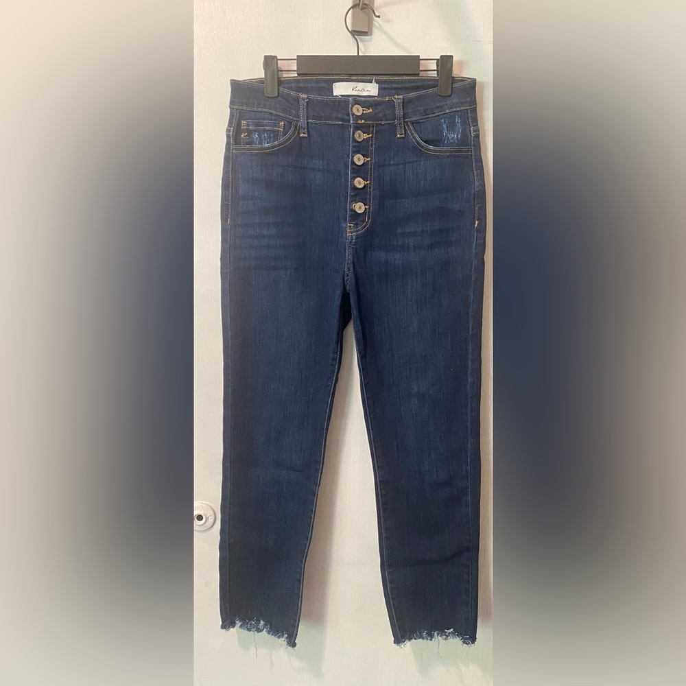 KanCan High Rise Distressed Hem Button Skinny Jeans